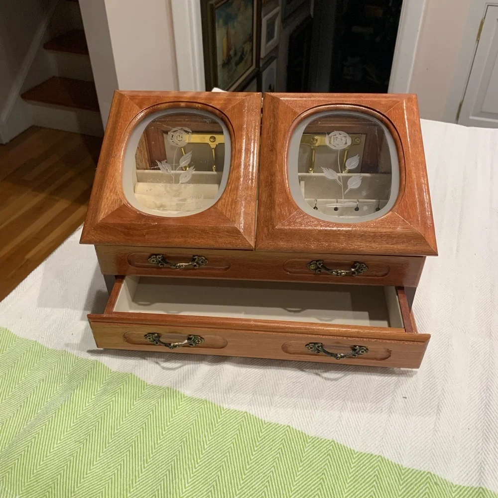 Vintage Jewelry Box, Etched Roses Glass doors Wooden Jewelry Box